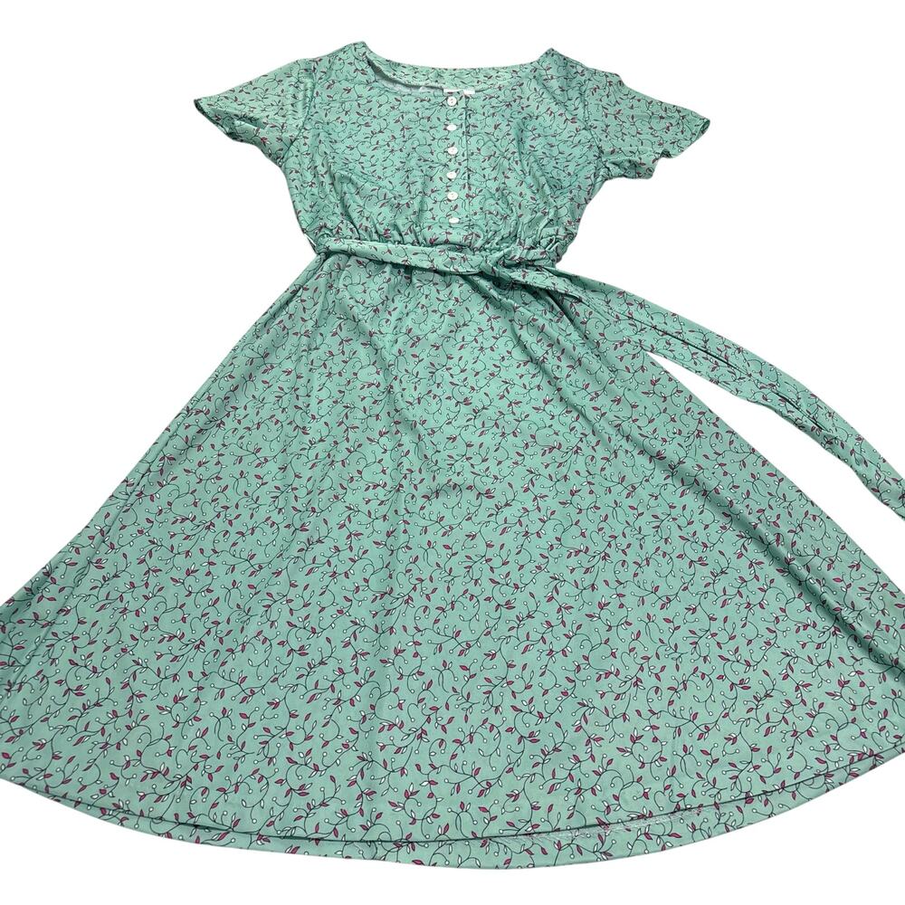 VTG Haband for Her Mint Green Floral Midi Dress, Elastic Waist and Tie, Size S